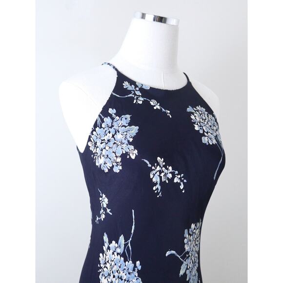 Vintage 1990s Size 4 Rayon Slinky Maxi Dress Navy Blue Floral Print - Picture 4 of 10